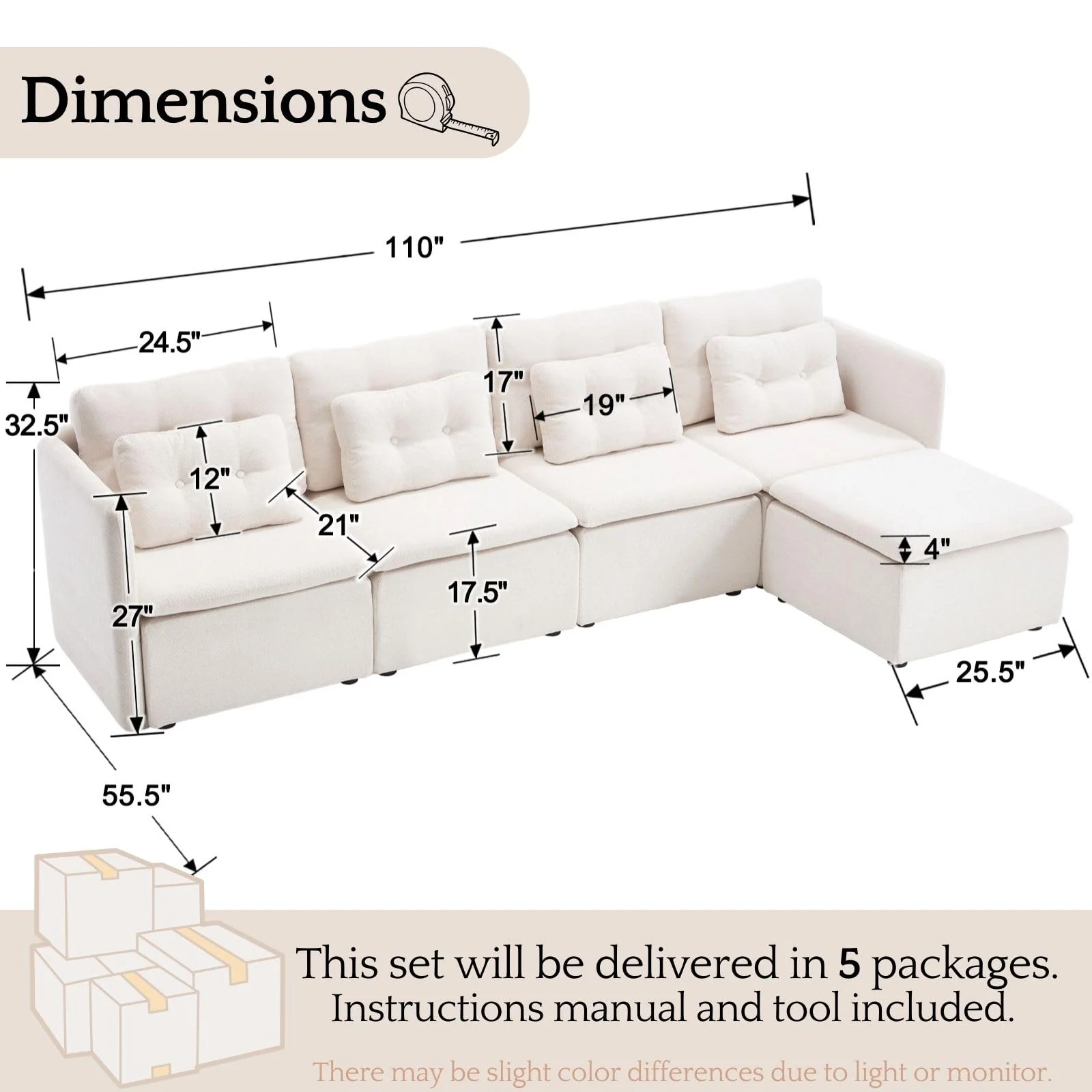Chenille 56.5" Modular Sectional Sofa with Waist Pillow - 90041SF - Image 44