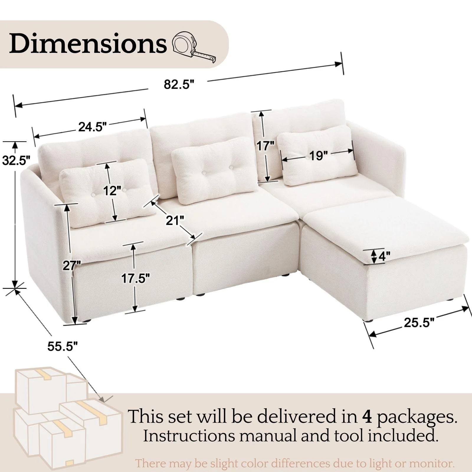 Chenille 56.5" Modular Sectional Sofa with Waist Pillow - 90041SF - Image 45