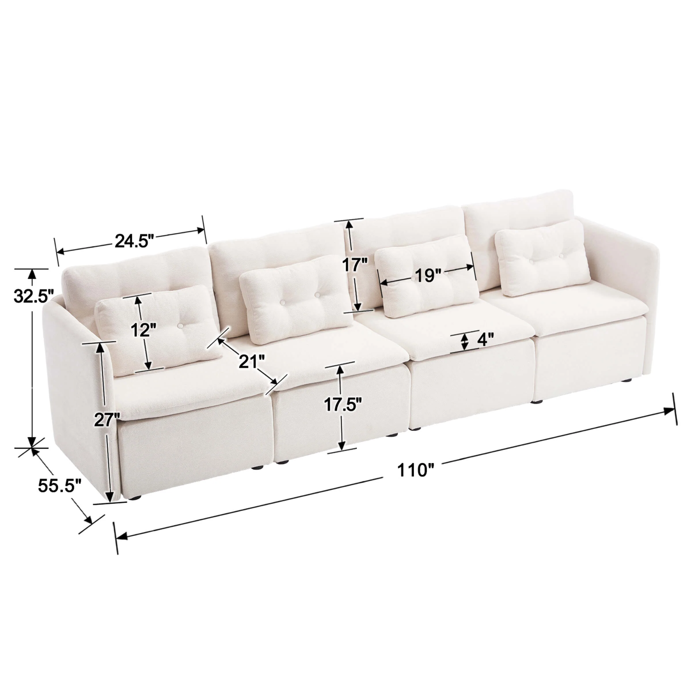 Chenille 56.5" Modular Sectional Sofa with Waist Pillow - 90041SF - Image 46