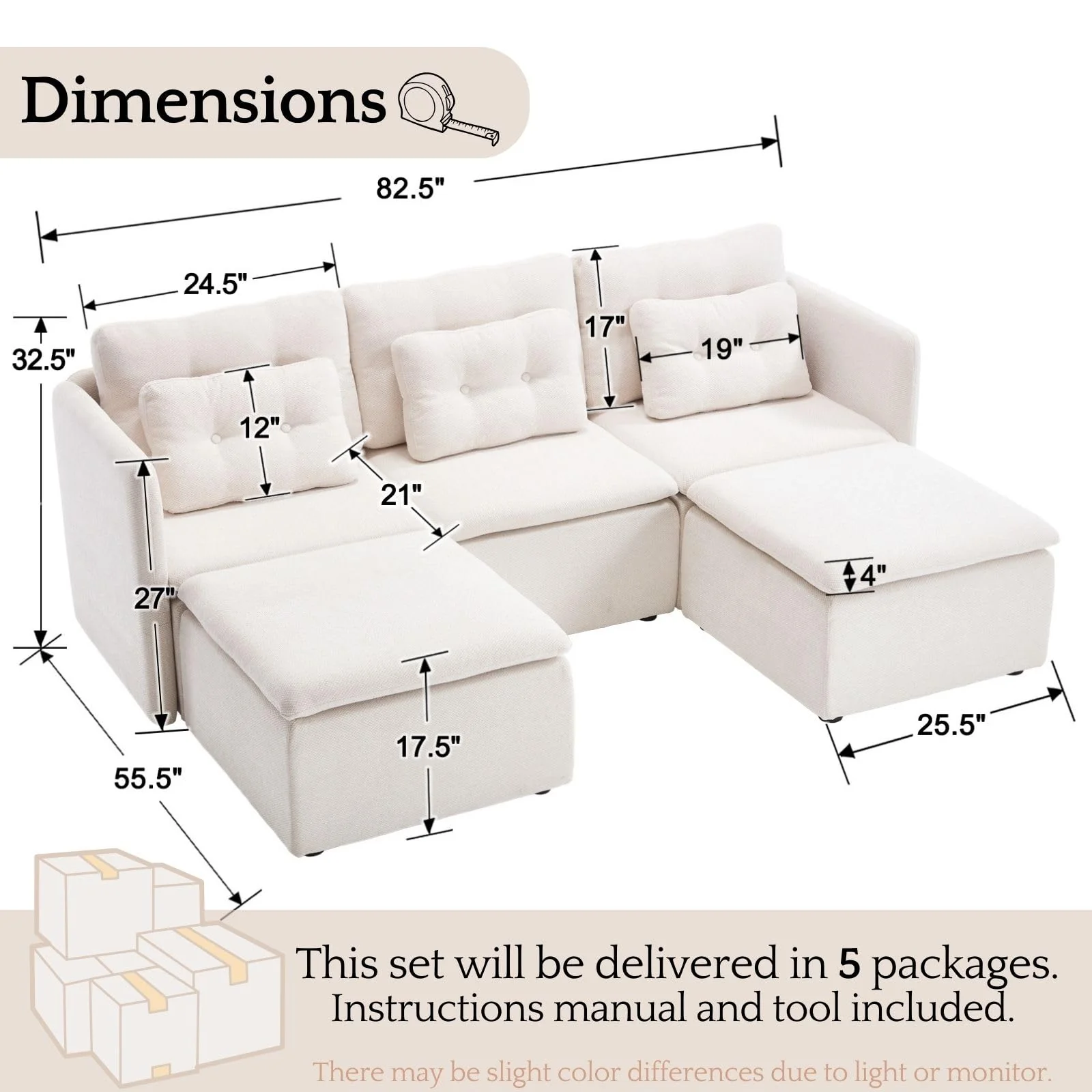 Chenille 56.5" Modular Sectional Sofa with Waist Pillow - 90041SF - Image 48