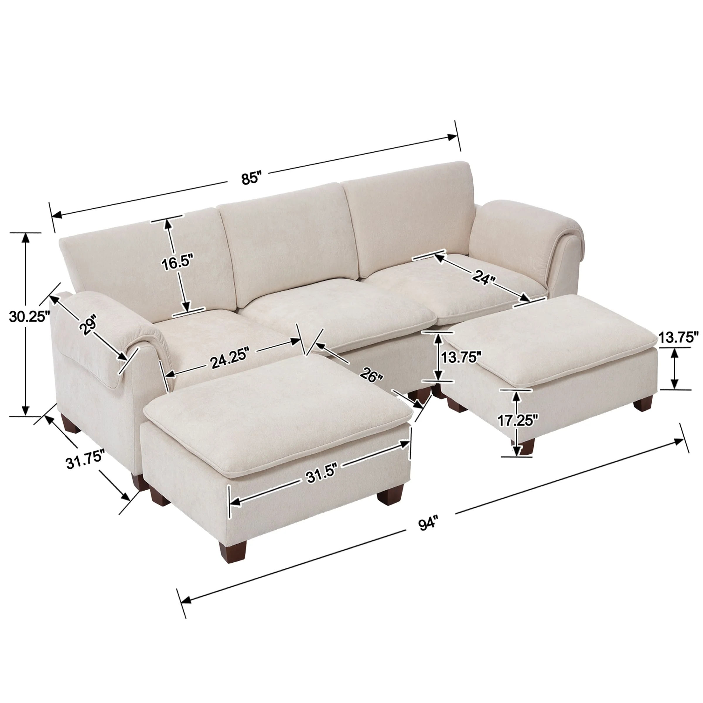 Modern Armrest Chenille Sectional Sofa - 1017SF - Image 40