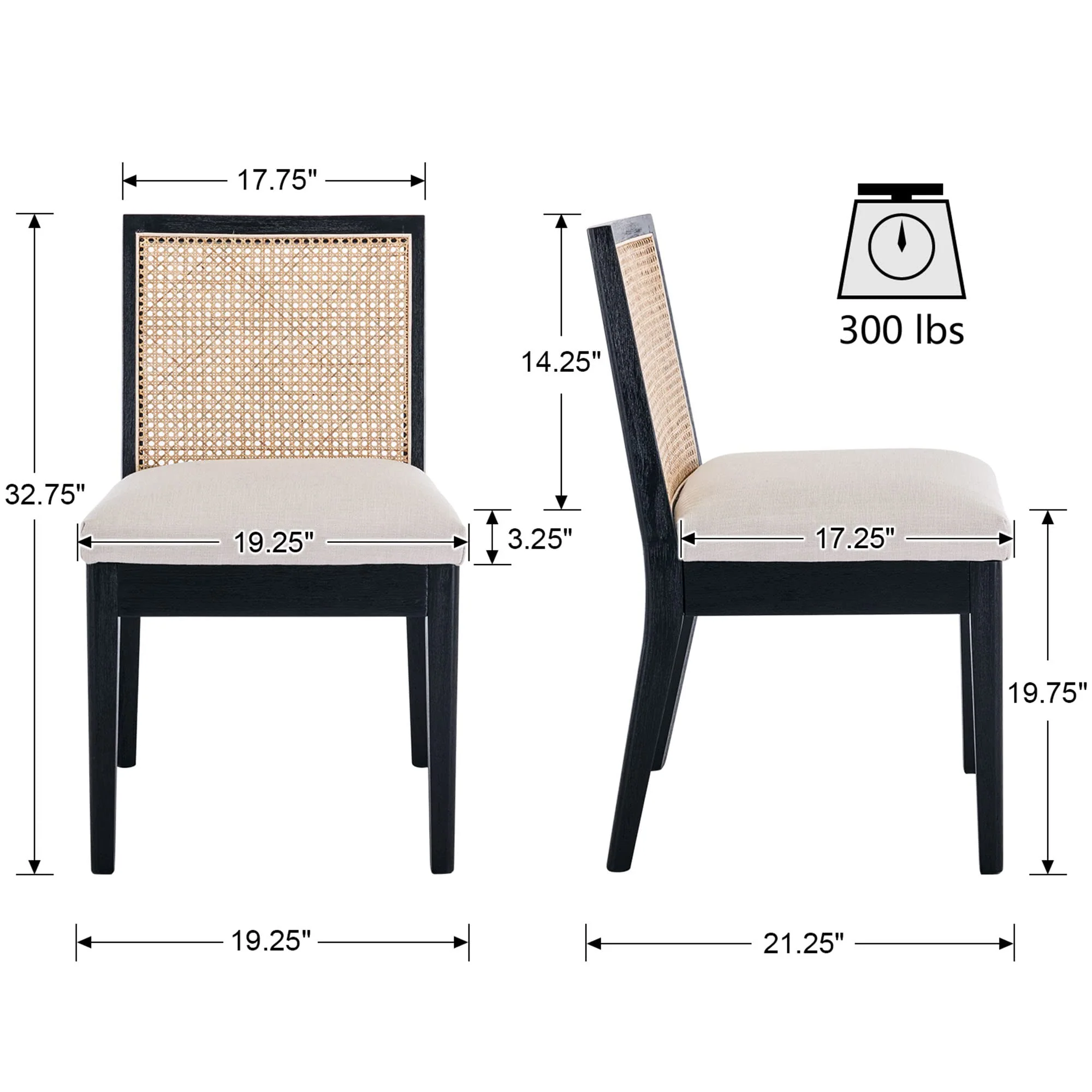 Square Rattan Back Linen Beige Dining Chairs Set of 2 - 1932DC - Image 11
