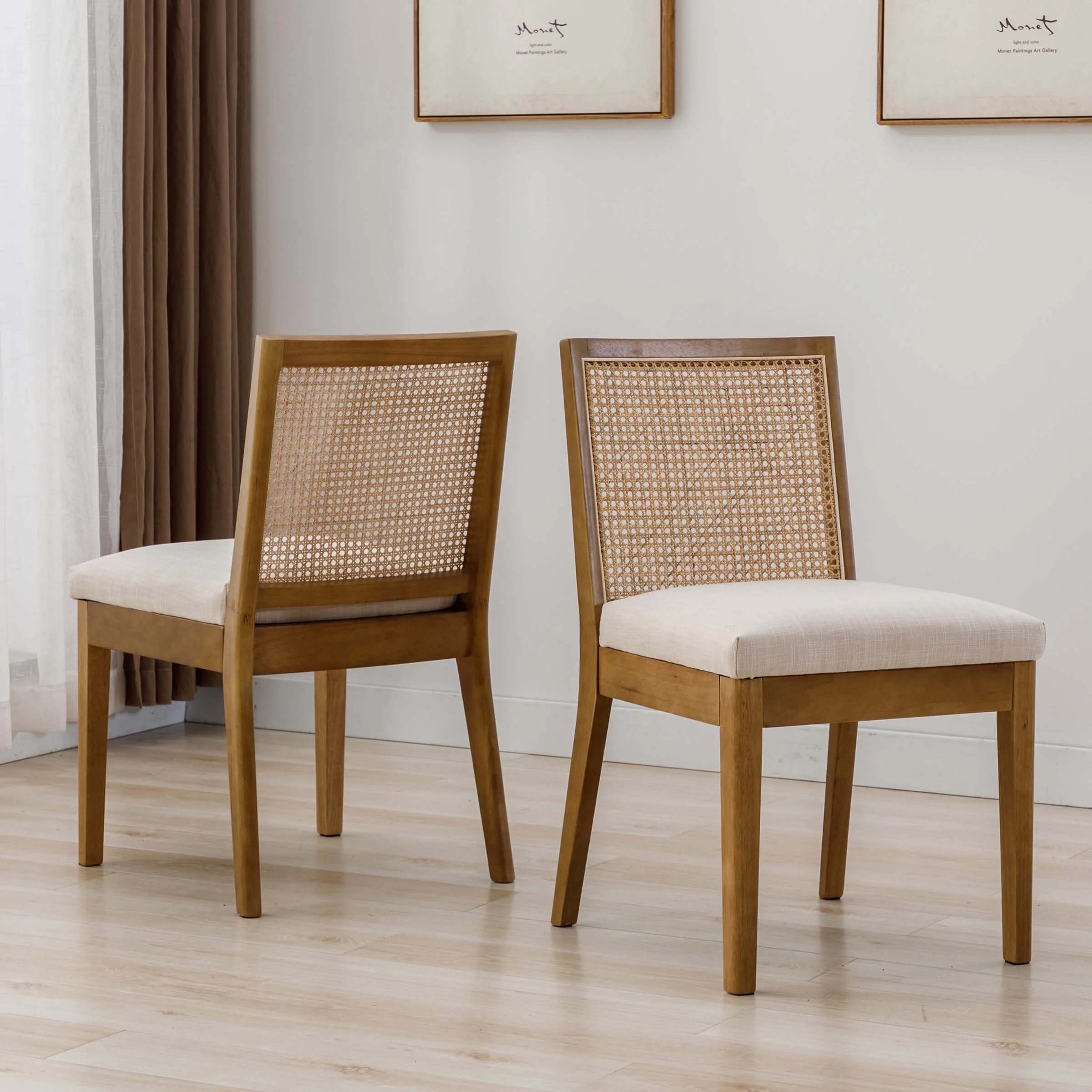 Square Rattan Back Linen Beige Dining Chairs Set of 2 - 1932DC - Image 12