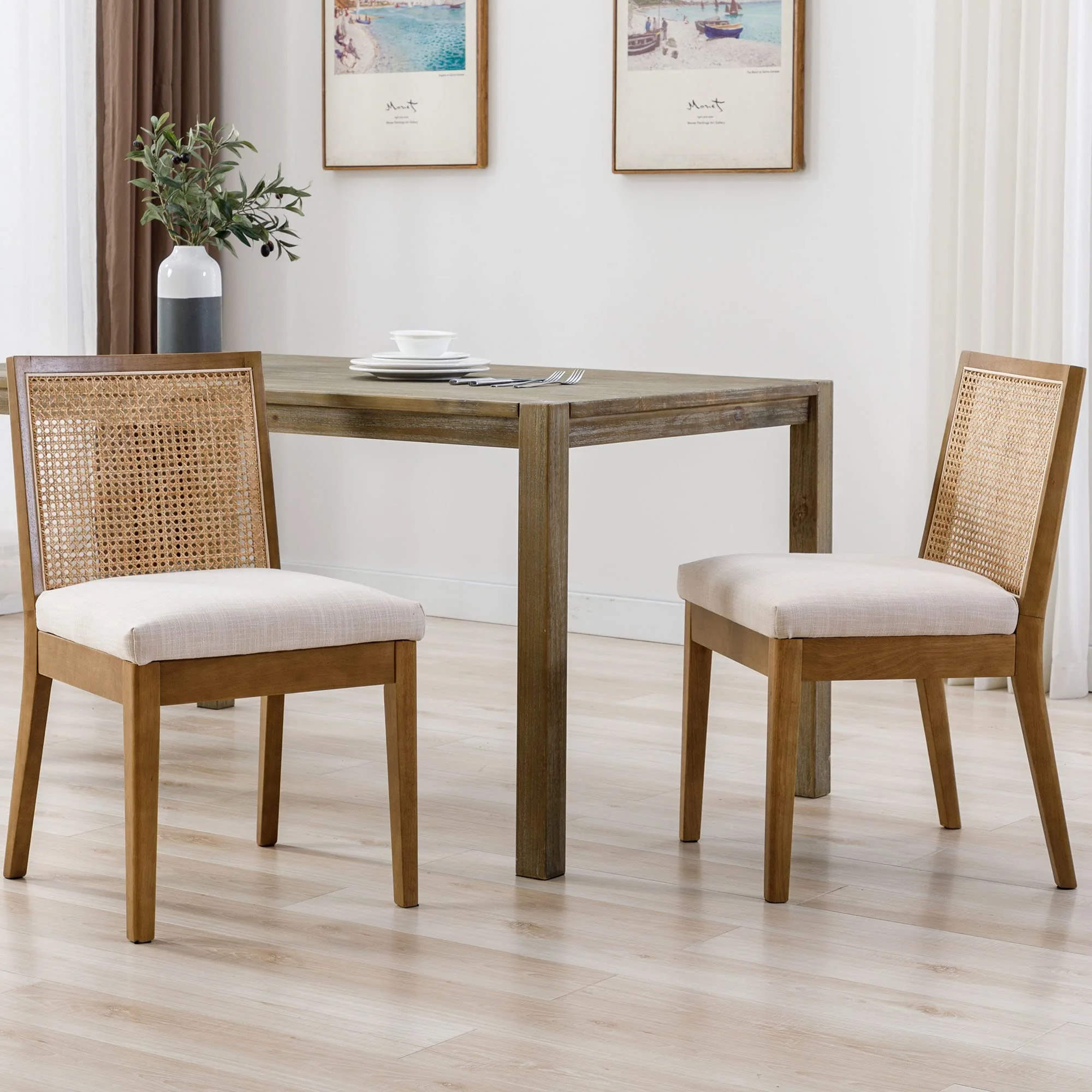 Square Rattan Back Linen Beige Dining Chairs Set of 2 - 1932DC - Image 13