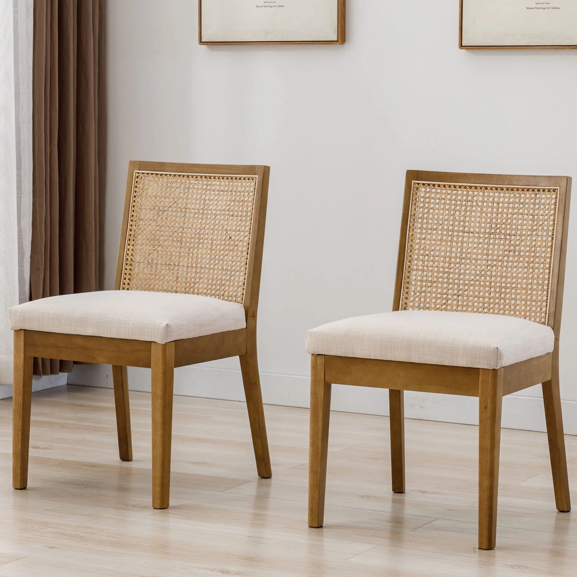 Square Rattan Back Linen Beige Dining Chairs Set of 2 - 1932DC - Image 14