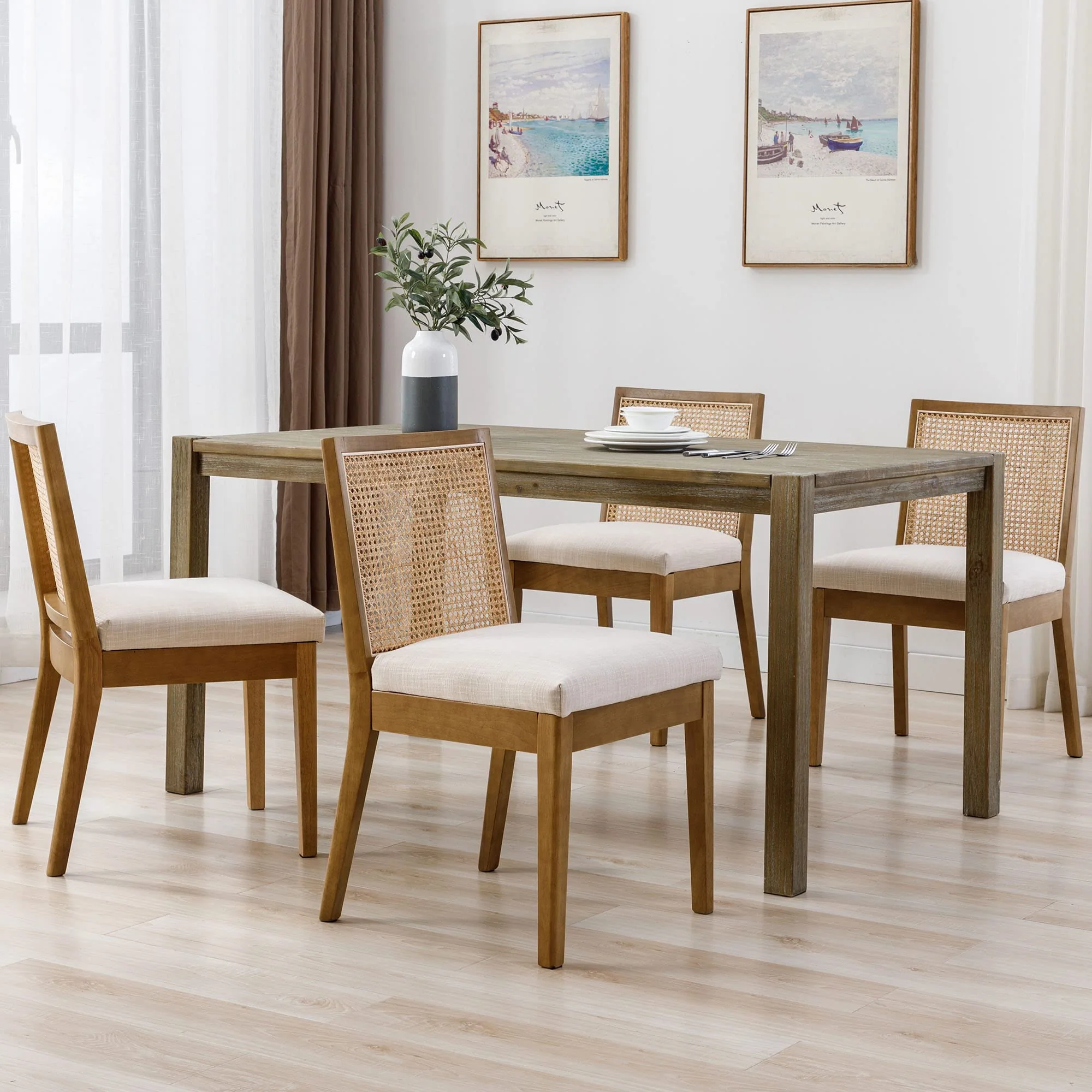 Square Rattan Back Linen Beige Dining Chairs Set of 2 - 1932DC - Image 15