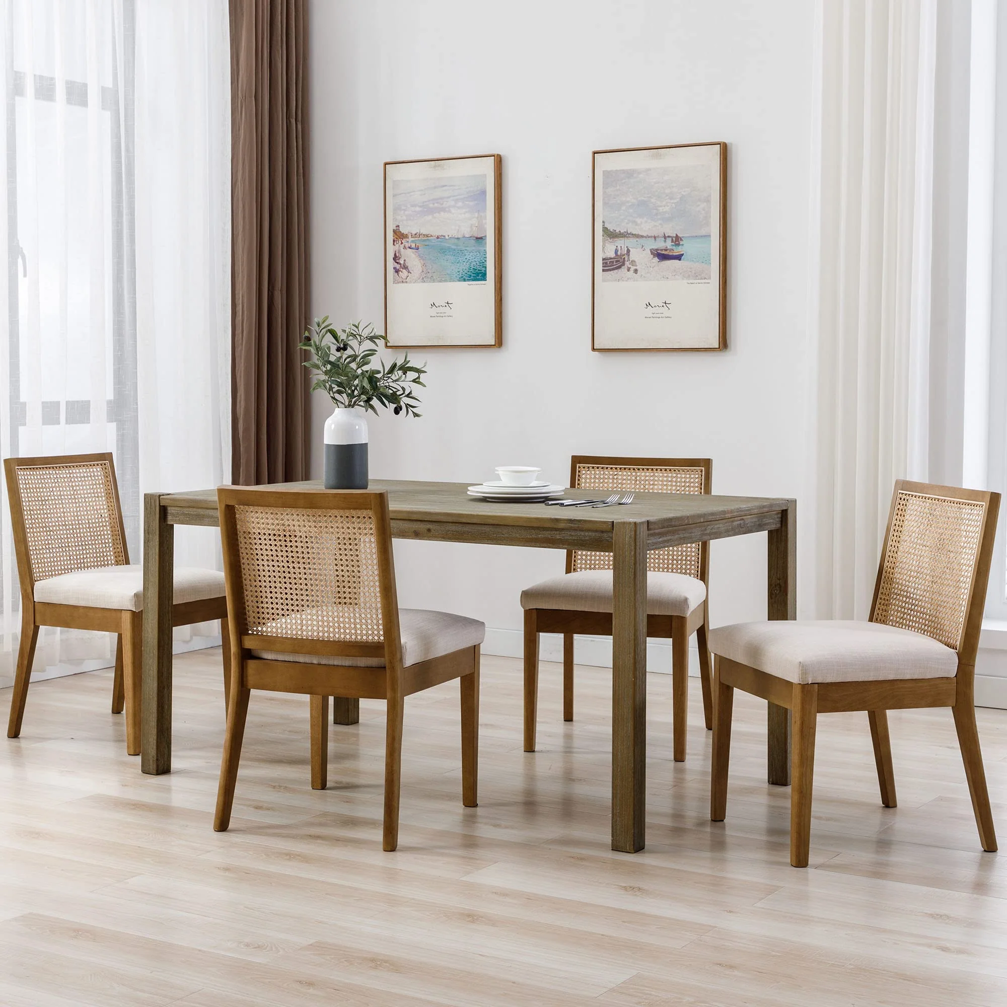 Square Rattan Back Linen Beige Dining Chairs Set of 2 - 1932DC - Image 16