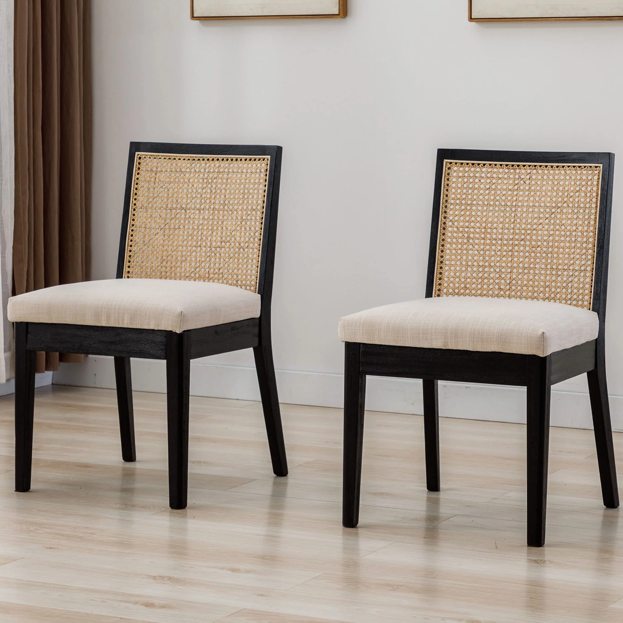 Square Rattan Back Linen Beige Dining Chairs Set of 2 - 1932DC - Image 3