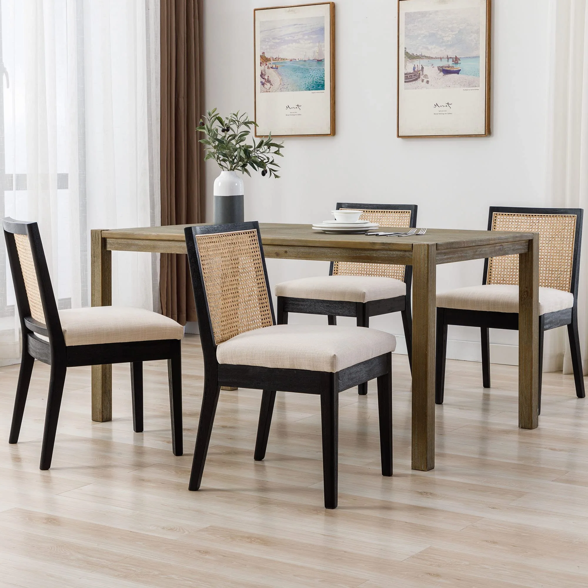 Square Rattan Back Linen Beige Dining Chairs Set of 2 - 1932DC - Image 4