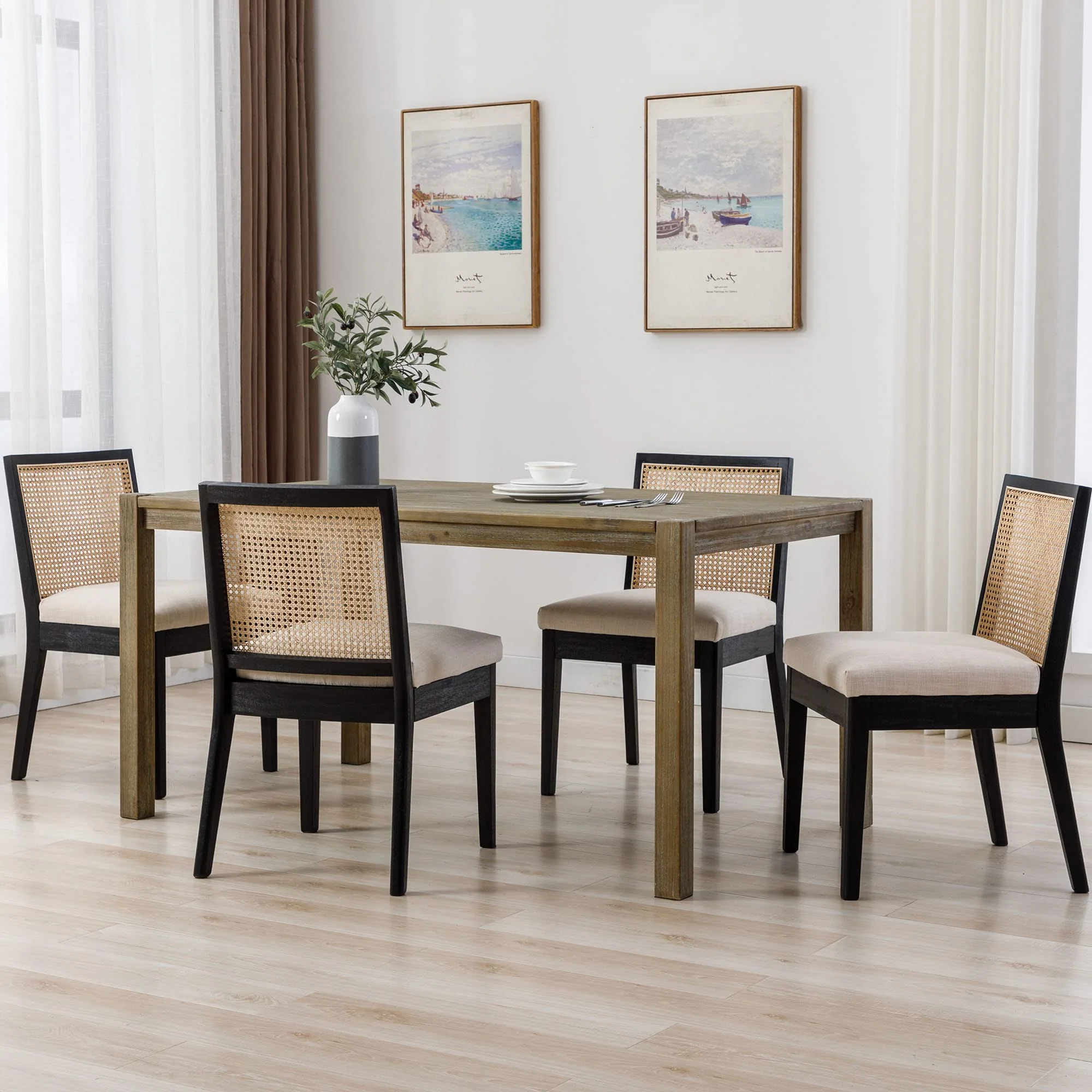 Square Rattan Back Linen Beige Dining Chairs Set of 2 - 1932DC - Image 5